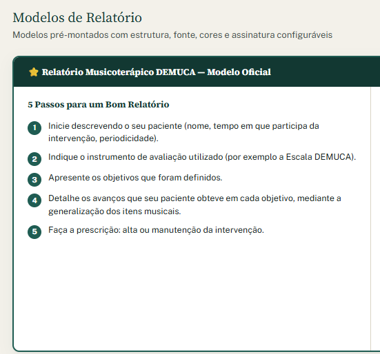 Tela real dos modelos de relatório disponíveis no sistema DEMUCA